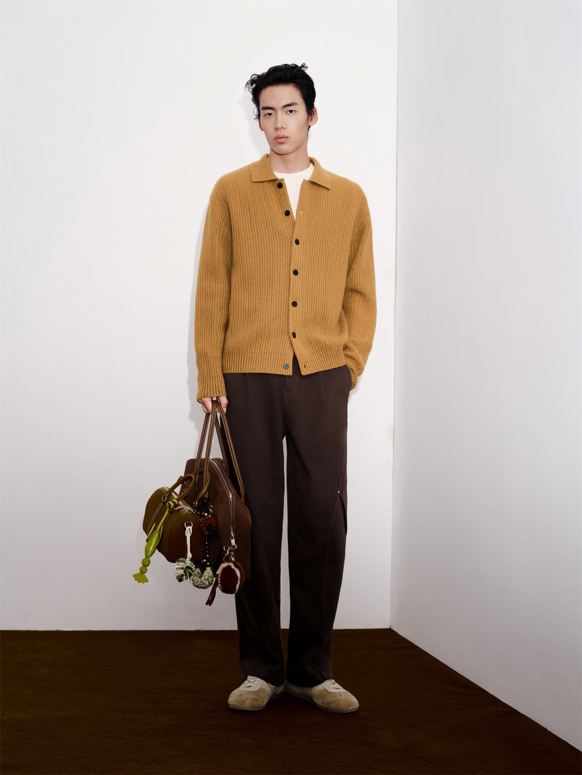 Men's Brown Textured Wool Knit Cardigan
