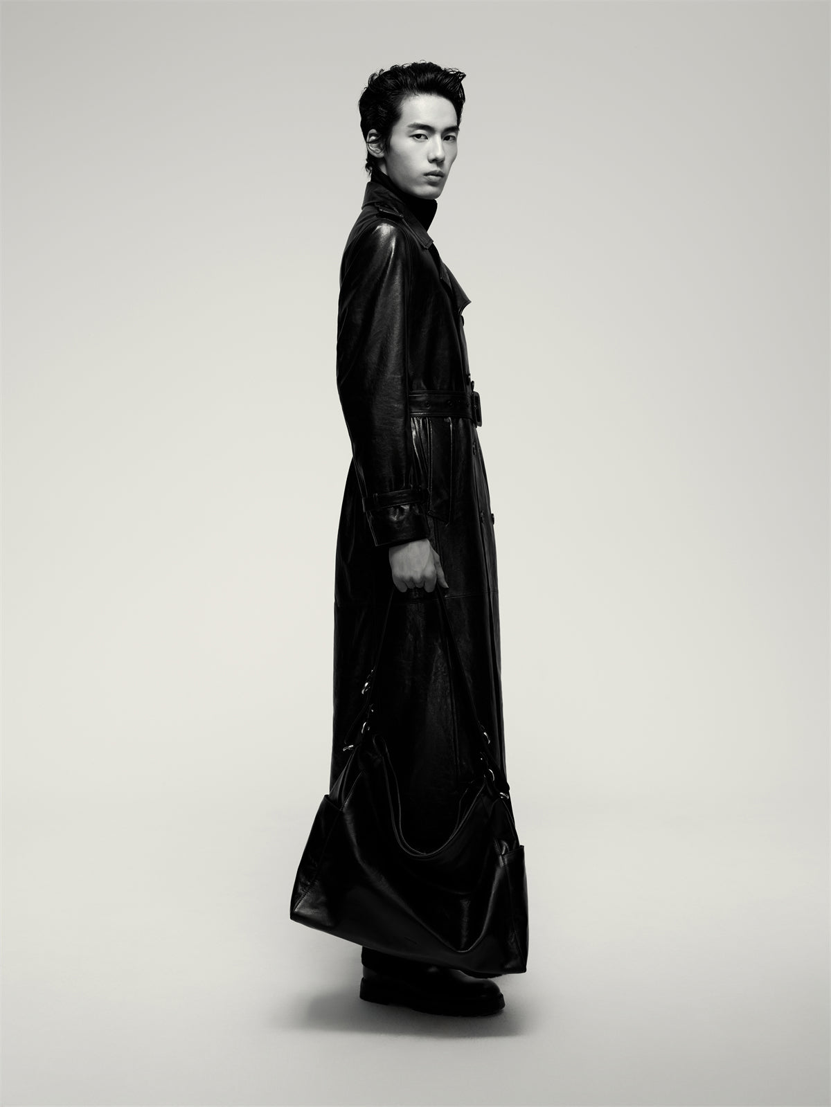 Men's Long Double-Breasted Leather Coat