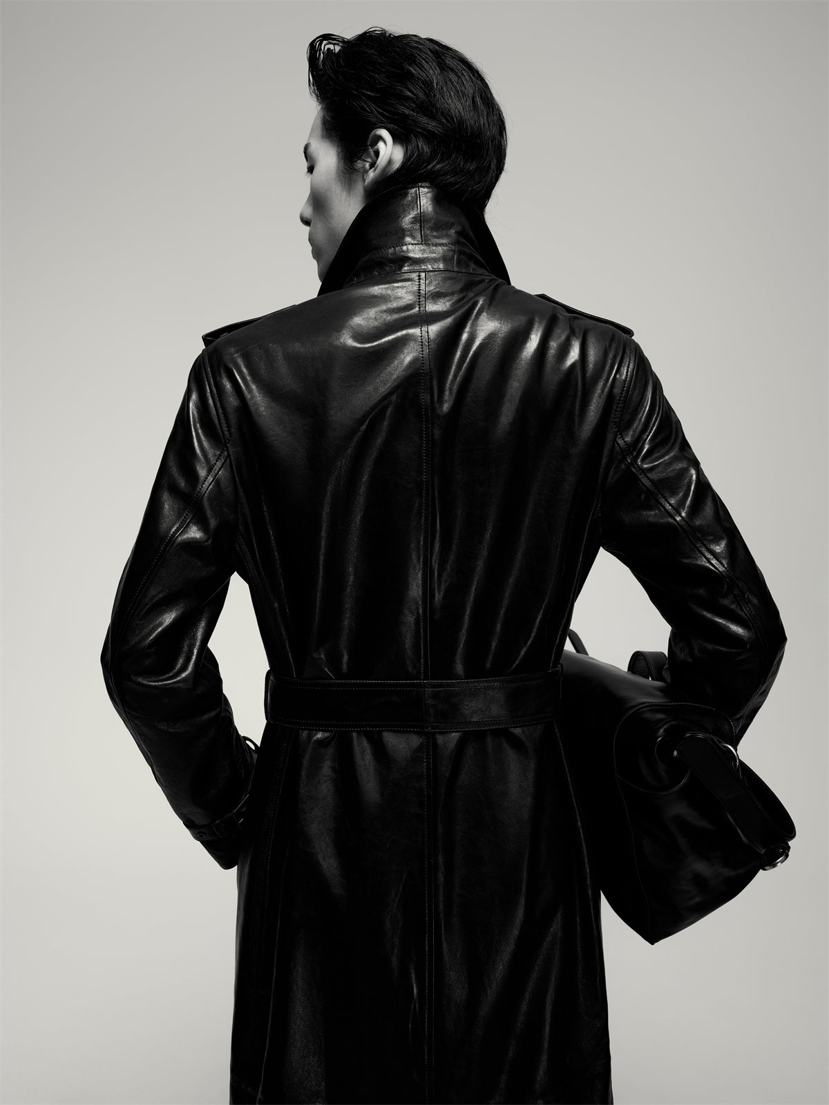 Men's Long Double-Breasted Leather Coat