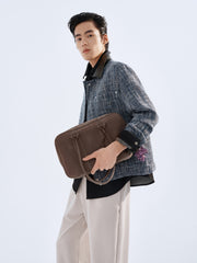 Men's Textured Tweed-Style Jacket with PU Collar