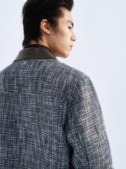 Men's Textured Tweed-Style Jacket with PU Collar
