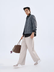Men's Textured Tweed-Style Jacket with PU Collar
