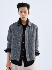 Men's Textured Tweed-Style Jacket with PU Collar