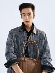 Men's Textured Tweed-Style Jacket with PU Collar