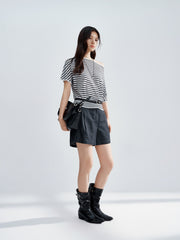 Women's striped off-shoulder waist-cinching short-sleeve top