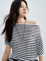 Women's striped off-shoulder waist-cinching short-sleeve top