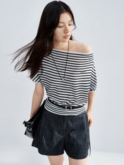 Women's striped off-shoulder waist-cinching short-sleeve top