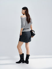 Women's striped off-shoulder waist-cinching short-sleeve top