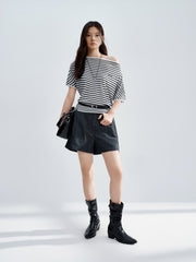 Women's striped off-shoulder waist-cinching short-sleeve top