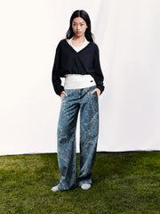 Women's Casual Textured Wide-Leg Straight Jeans