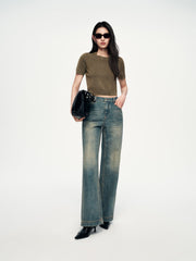 Women's Casual Distressed Lightweight Short-Sleeve Knit