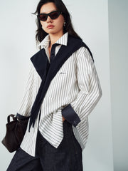 Women's Commuter Striped Detachable Scarf Shirt