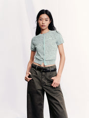 Women's Melange Color-Block Short-Sleeve Knit Cardigan