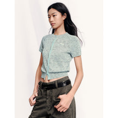 Women's Melange Color-Block Short-Sleeve Knit Cardigan