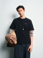 Men's Casual Organza-Panel Embroidered T-Shirt