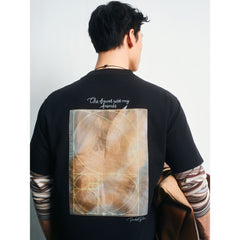 Men's Casual Organza-Panel Embroidered T-Shirt