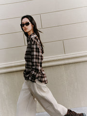 Women's Commuter Contrast-Color Plaid Long-Sleeve Shirt