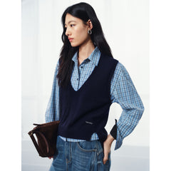 Women's Commuter Plaid Shirt & Knit Vest Two-Piece Set