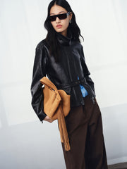 Women's Commuter Waist-Cinching Genuine Leather Jacket