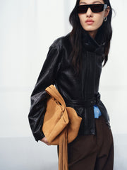 Women's Commuter Waist-Cinching Genuine Leather Jacket