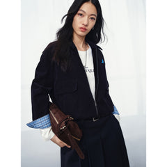 Women's Commuter Navy Plaid-Panel Corduroy Jacket