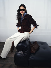 Women's Casual Suede-Finish Waist-Cinching Leather Jacket