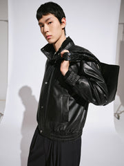 Men's Casual Pebbled Lambskin Leather Jacket with Inverted-T Cut