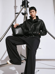 Men's Casual Pebbled Lambskin Leather Jacket with Inverted-T Cut