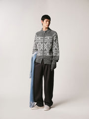 Men's Casual Grey Fair Isle Pattern Knit Cardigan