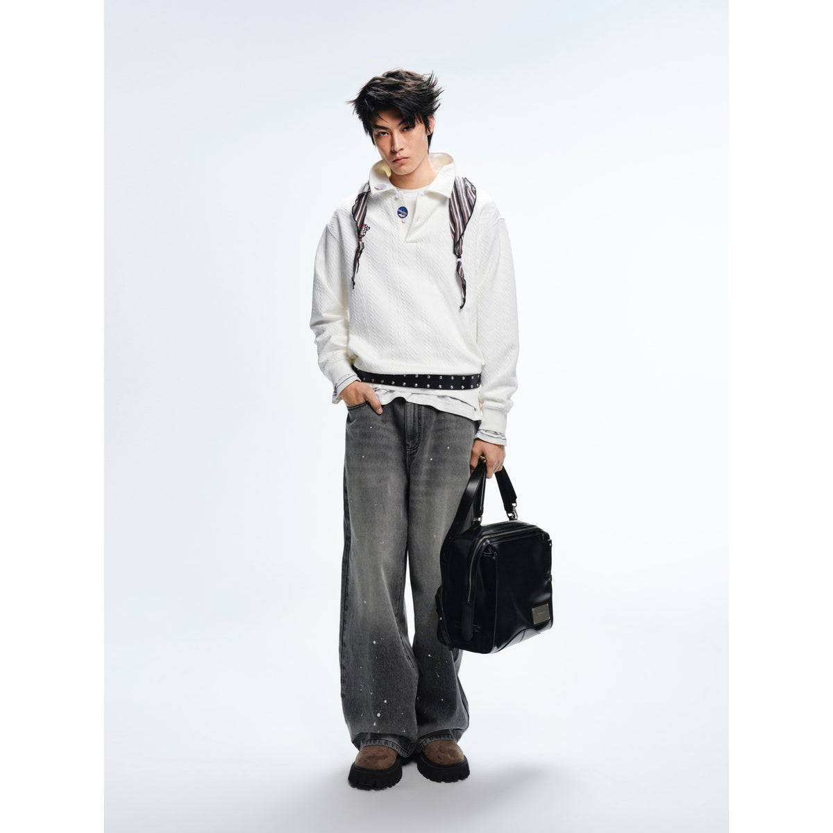 Men's Casual Grey Paint-Splatter Wide-Leg Straight Jeans