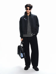 Men's Casual Black & White Striped Embroidered Long-Sleeve T-Shirt