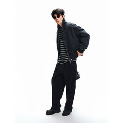 Men's Casual Black & White Striped Embroidered Long-Sleeve T-Shirt