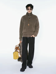 Men's Casual Brown Lapel Wool-Blend Knit Top
