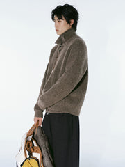 Men's Casual Brown Lapel Wool-Blend Knit Top