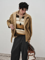 Men's Casual Color-Block Striped Polo Wool-Blend Knit Top