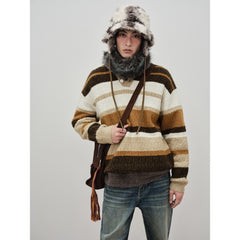 Men's Casual Color-Block Striped Polo Wool-Blend Knit Top