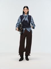 Women's Commuter Tencel Plaid Detachable-Tie Shirt