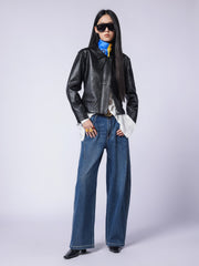 Women's Commuter Waist-Cinching Genuine Leather Jacket