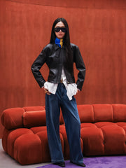 Women's Commuter Waist-Cinching Genuine Leather Jacket
