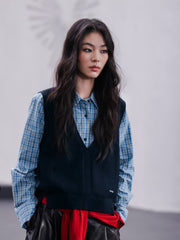 Women's Commuter Plaid Shirt & Knit Vest Two-Piece Set