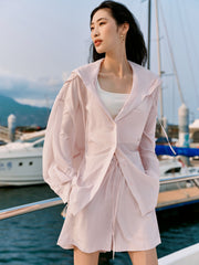 Women's Pink Hooded Long-Sleeve Shirt and Shorts Set