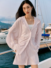 Women's pink hooded long-sleeve shirt