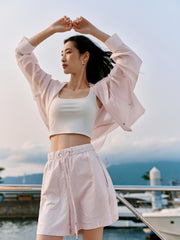 Women's Pink Hooded Long-Sleeve Shirt and Shorts Set