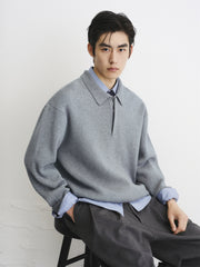 Men's Solid Color Polo-Collar Sweater