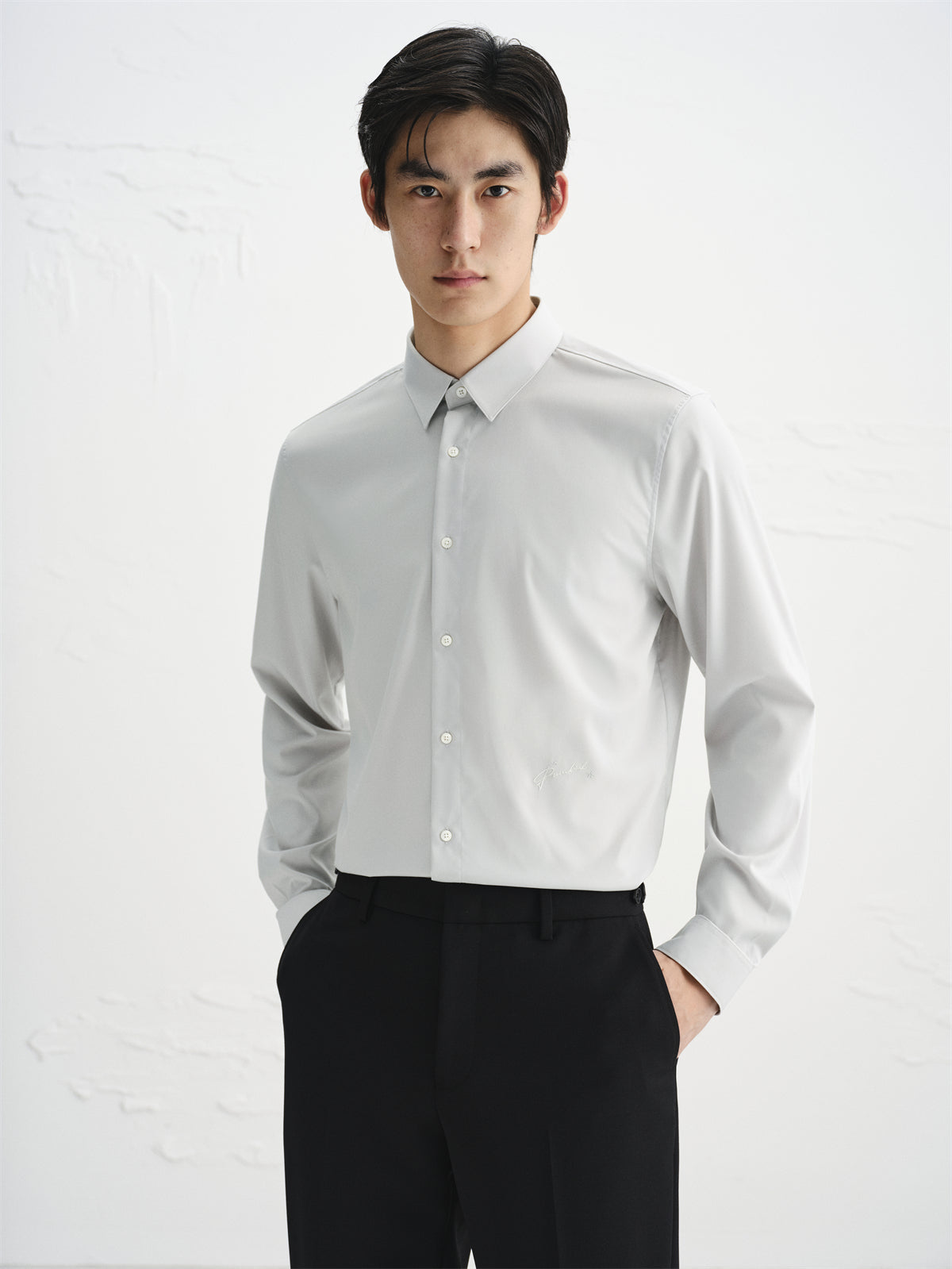 Men's Gray Embroidered Long-Sleeve Shirt