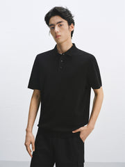 Men's Solid Knit Pullover with Logo Patch and Polo Collar