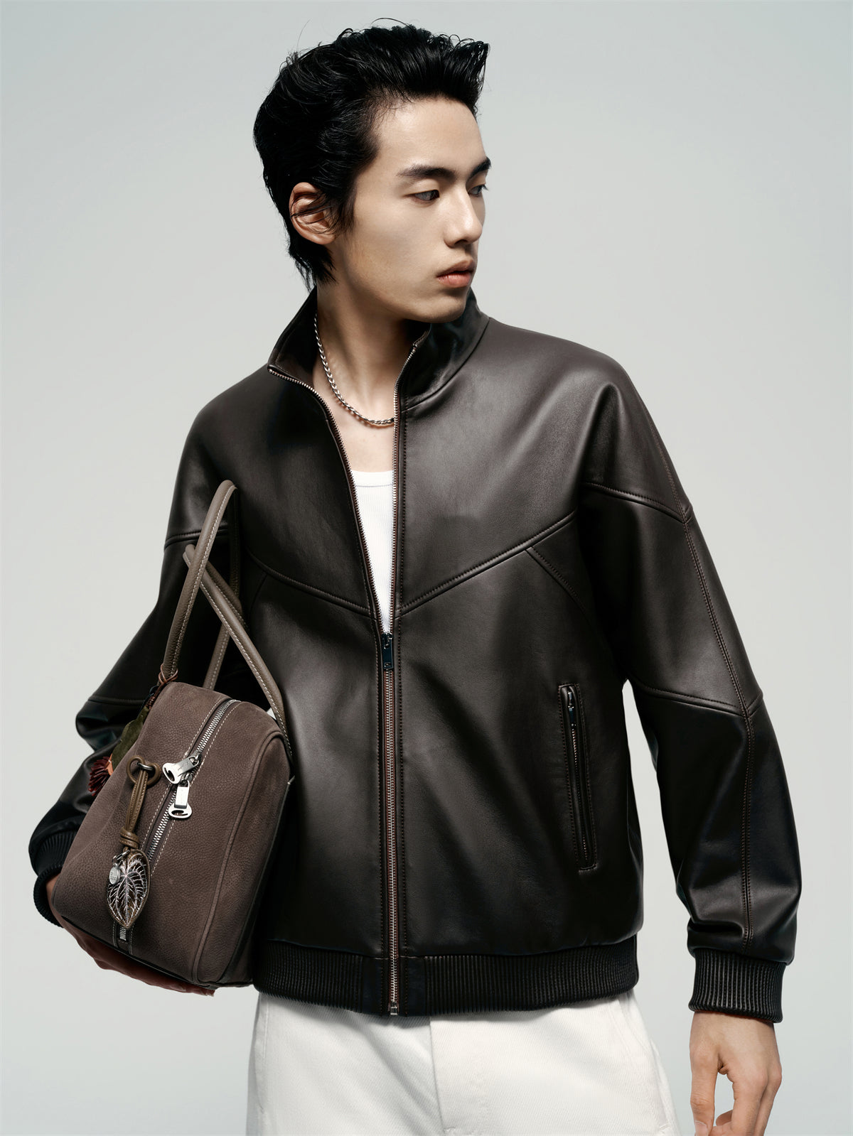 Men's Brown Stand-Collar Leather Jacket