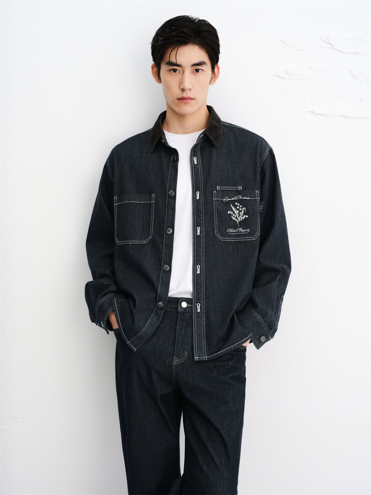 Men's Embroidered Shirt with Corduroy Panels