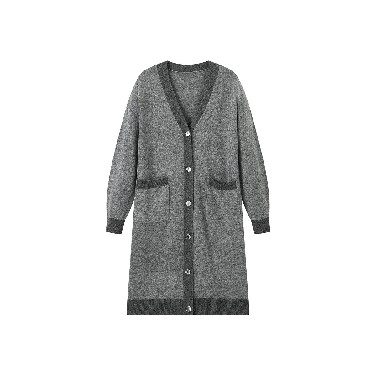 Women's Long V-neck Grey Wool Cardigan