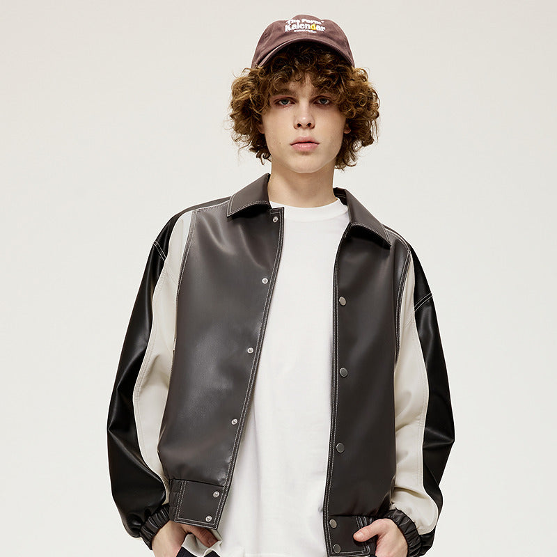 Men's Contrast Color PU Leather Jacket